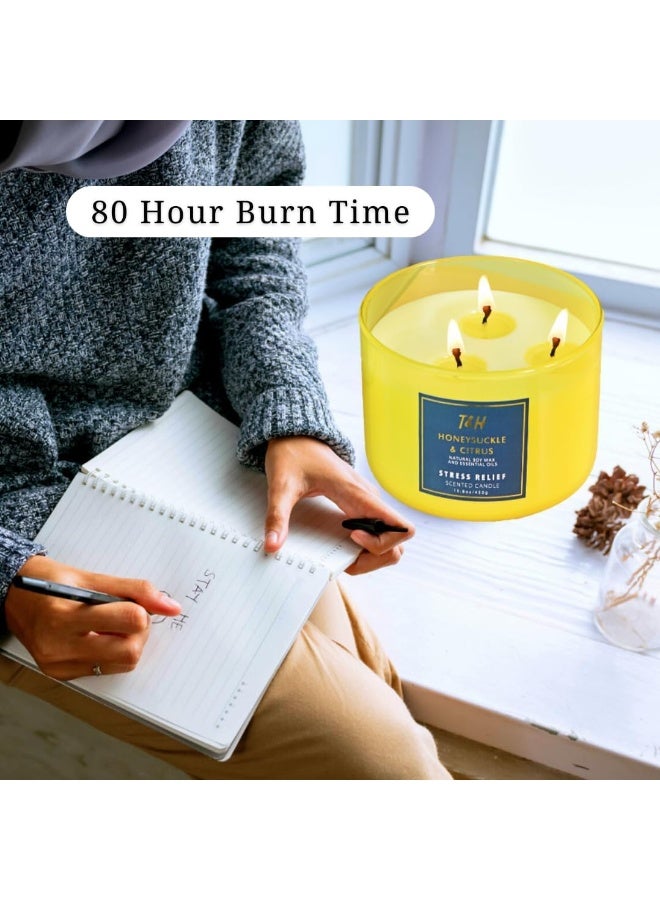 T&H Large 3-Wick Aromatherapy Scented Candles for Home - Honeysuckle Citrus Stress Relief Candle with Grapefruit & Mint - Natural Soy Candles Clean Burning - Relaxing Candle for Women & Men - Image 3